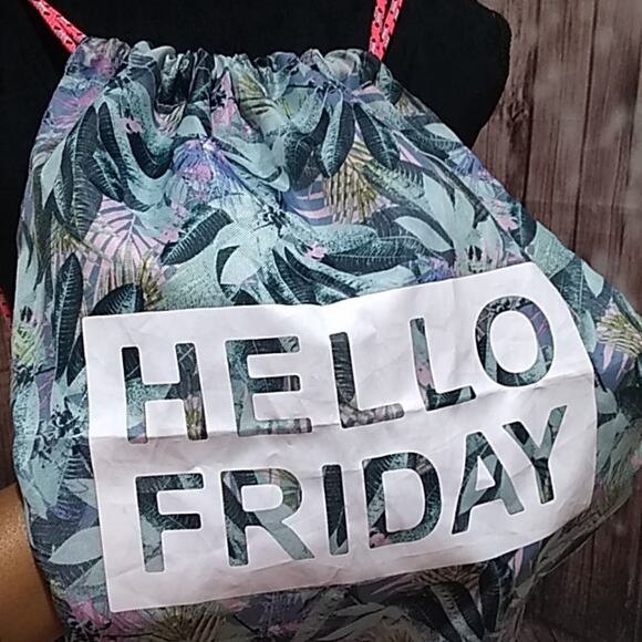 H &M Tropical "Hello Friday" drawstring cinch bag - Picture 3 of 4